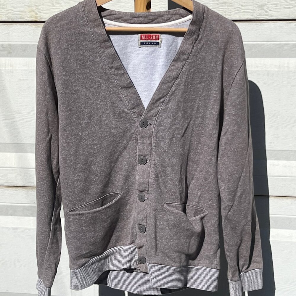 All-Son Gray Button Down V-Neck Sweater